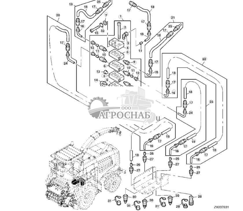 Распределители  соединительные муфты рамы, система централизованной смазки, передняя левая сторона 